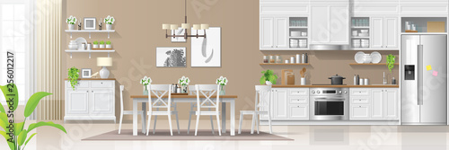 Modern rustic house interior background with kitchen and dining room combination , vector , illustration