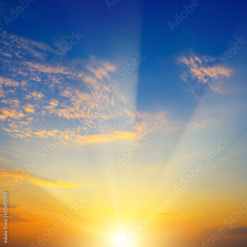 Fototapeta Naklejka Na Ścianę i Meble -  Scenic sunset with sun rays against bright blue sky