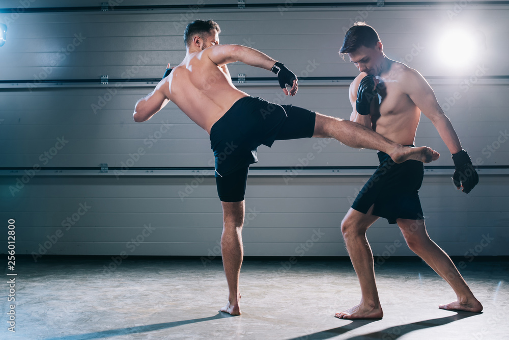 Obraz premium back view of barefoot mma fighter kicking opponent with leg