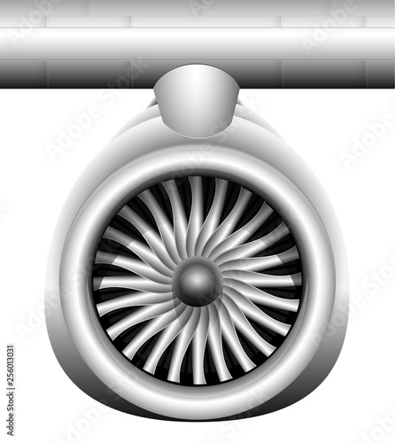 Turbine of a jet engine of a modern aircraft. Front view. Transportation of goods and passengers by air.