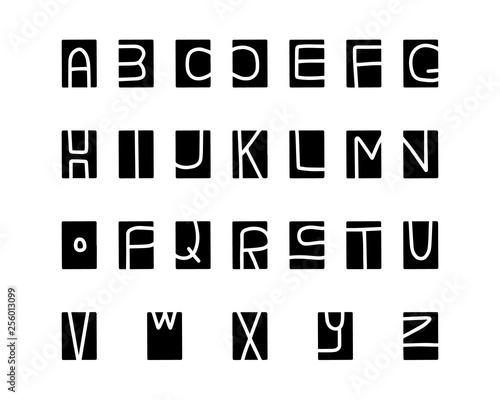 Cut-out alphabet, printmaking lino-cut vector elements on background.