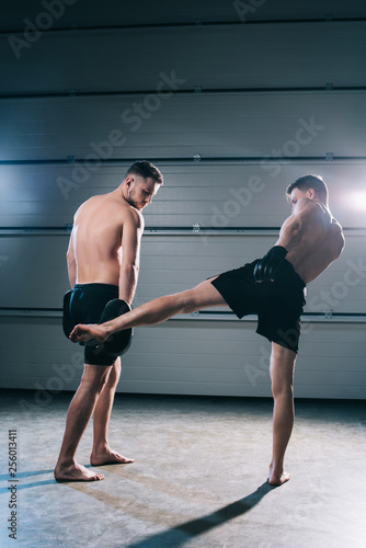 strong muscular shirtless mma fighter practicing low kick with another sportsman