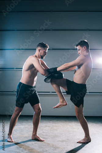 athletic muscular barefoot mma fighter practicing kick with another sportsman during training