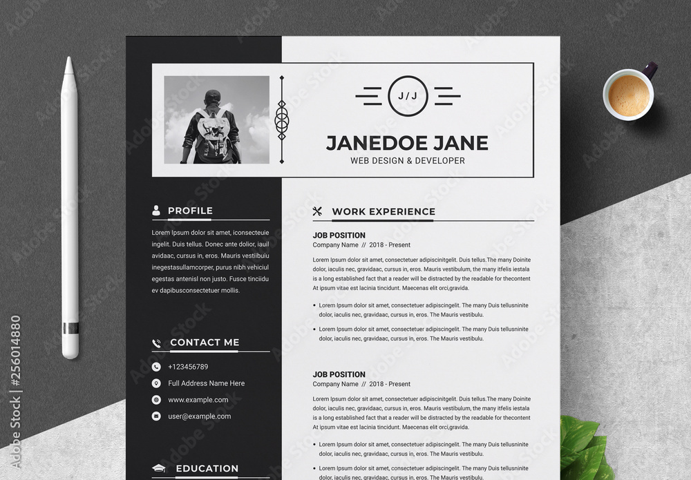 Resume and Cover Letter Layout with Black Sidebar Stock Template