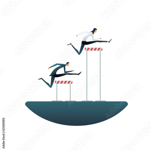 Business gender inequality vector concept with businessman and businesswoman with different obstacles. Symbol of discrimination, unequal opportunities, obstacles and rights.