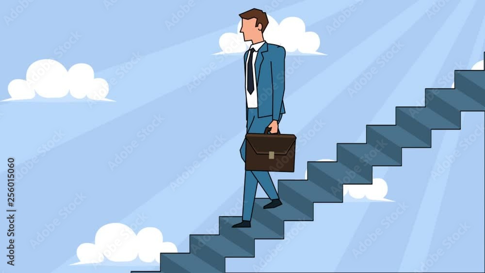 Flat cartoon businessman character with case bag goes down the career ladder stairs concept animation Flat cartoon businessman character with case bag goes down the career ladder stairs concept animation