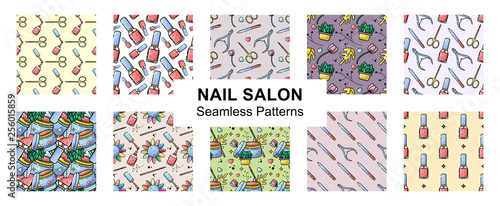 Nail salon. Tools and accessories for manicure and nail. Vector flat set of color seamless pattern in linear style.