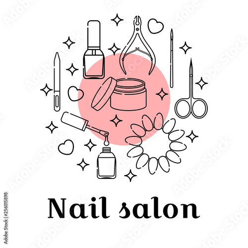 Nail salon and manicure tools. Cuticle nippers and scissors, nail polish, palette and gel paint. Vector transparent flat set of isolated objects in linear style in the shape of a circle