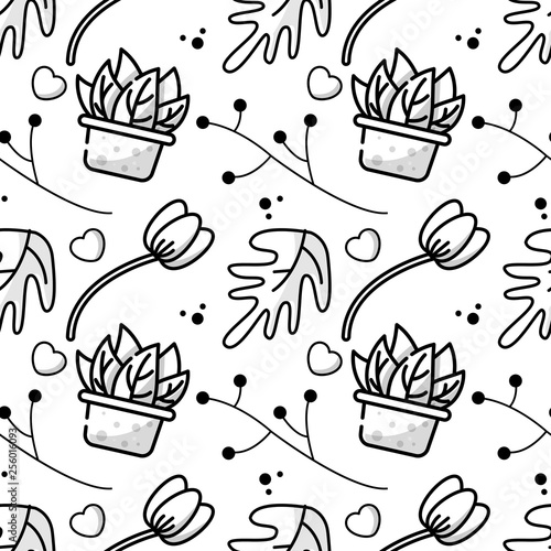 Flowers and plants. Tulips, flowers and abstract botanical elements. Vector flat monochrome seamless pattern in linear style.