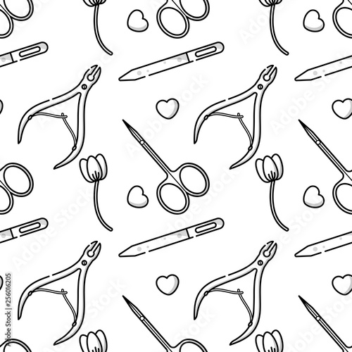 Nail salon. Tools and accessories for manicure and nail. Vector flat monochrome seamless pattern in linear style.