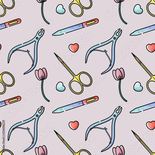 Nail salon. Tools and accessories for manicure and nail. Vector flat color seamless pattern in linear style.