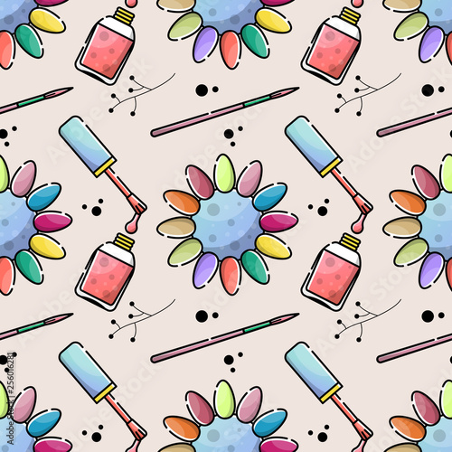 Nail salon. Tools and accessories for manicure and nail. Vector flat color seamless pattern in linear style.