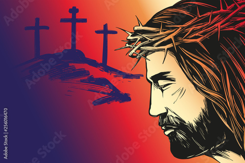 Jesus Christ, the Son of God, calligraphic text, Holy Easter holiday religious calligraphic text, cross symbol of Christianity hand drawn vector illustration sketch