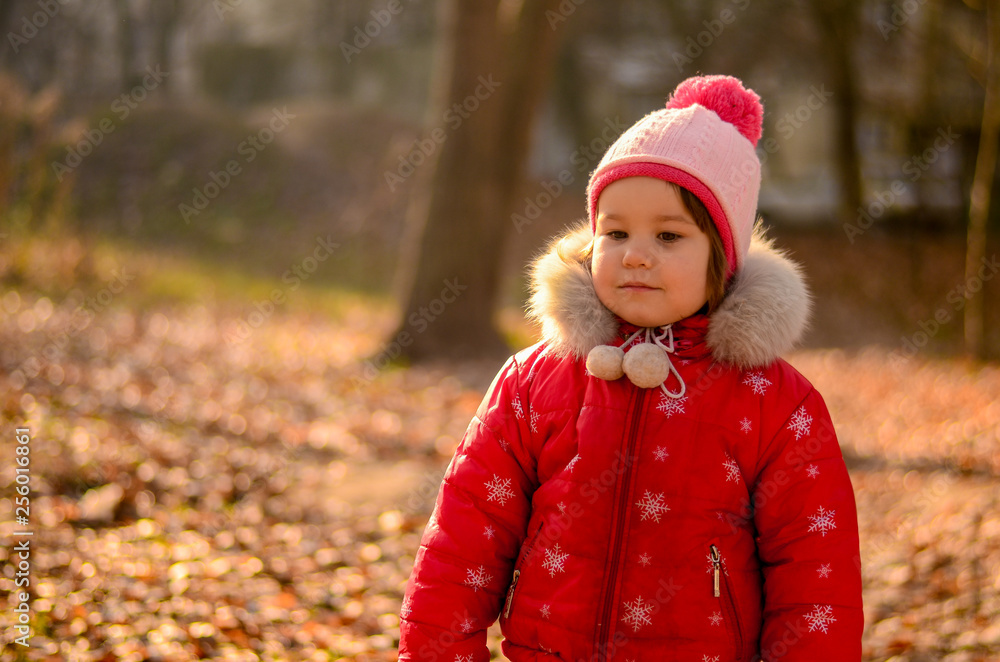 Little girl in red stands on the background of the autumn forest Little girl in red stands on the background of the autumn forest