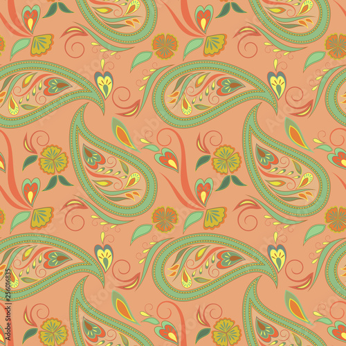 Seamless colorful pattern with paisley. Indian ethnic ornament. Vector print. Use for wallpaper, pattern fills,textile design.