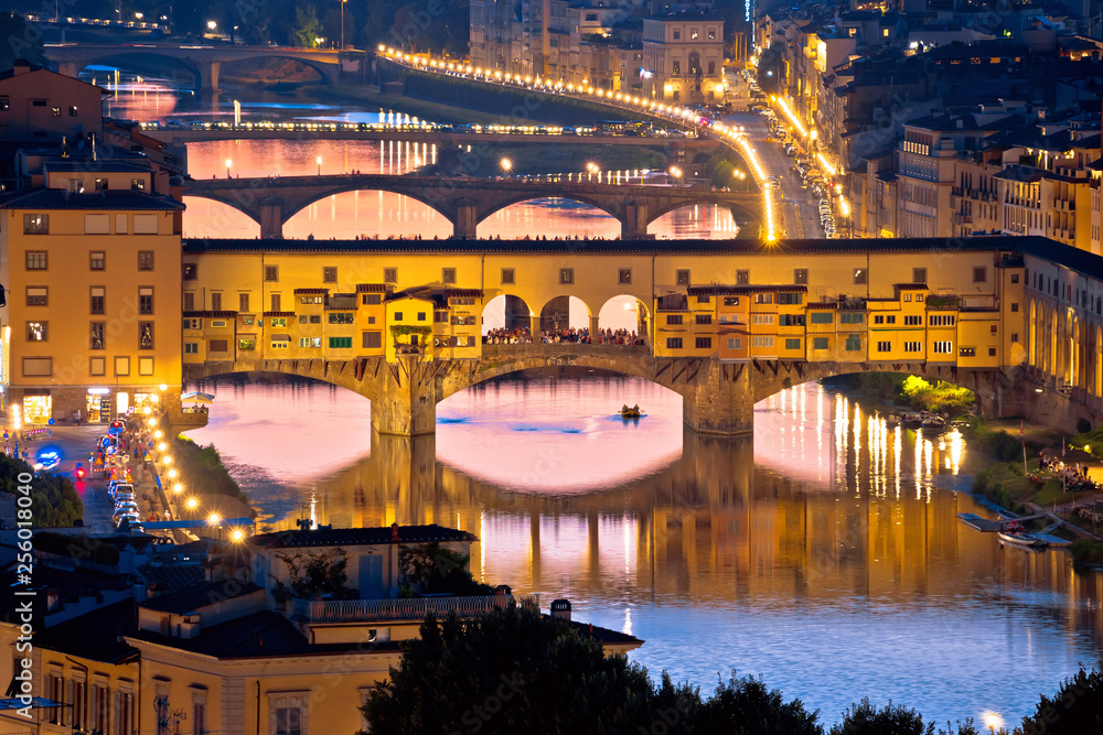 Florence cityscape and Arno river bridges sunset view