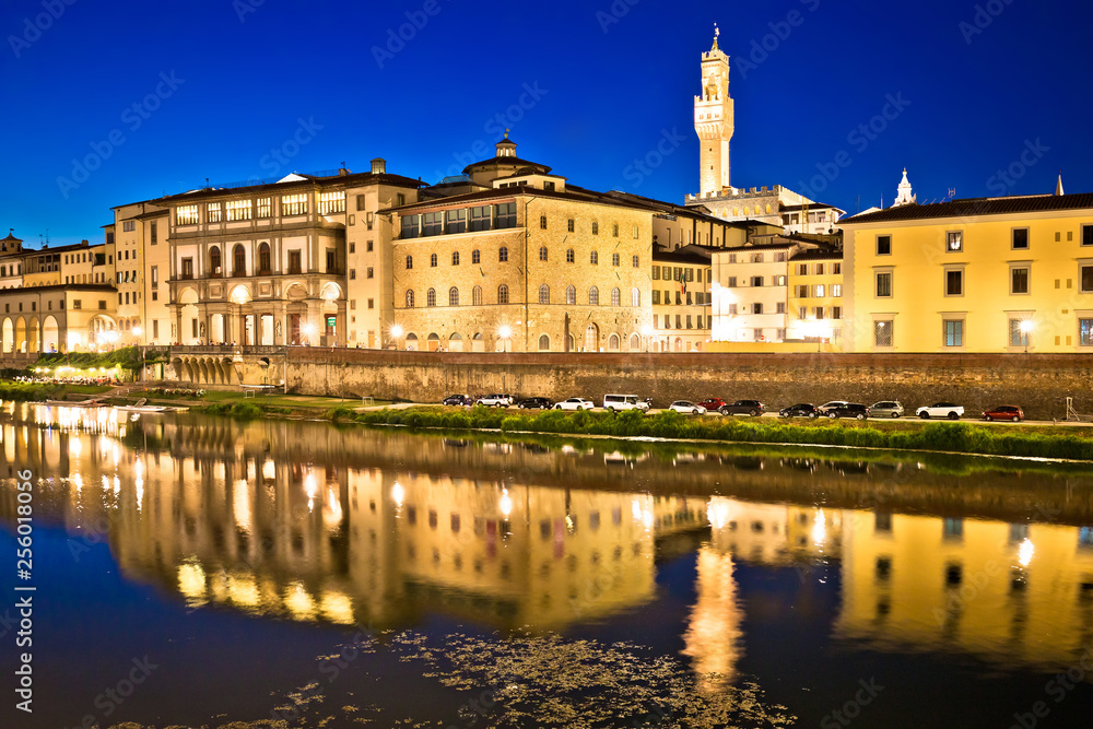 Arno river waterfront and Florence landmarks evening view