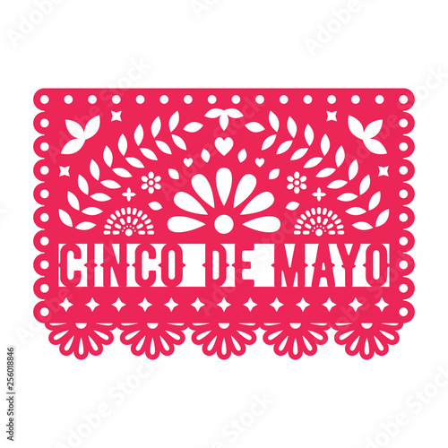 Vector Papel Picado greeting card with floral and decorative elements. Cinco de mayo. Paper cut template. Mexican paper garland.