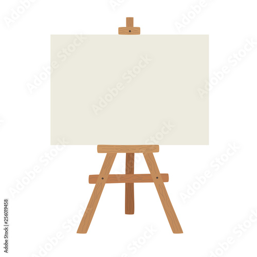 Blank art board and realistic wooden easel. Wooden brown easel with Mock Up empty blank canvas Isolated on white background.