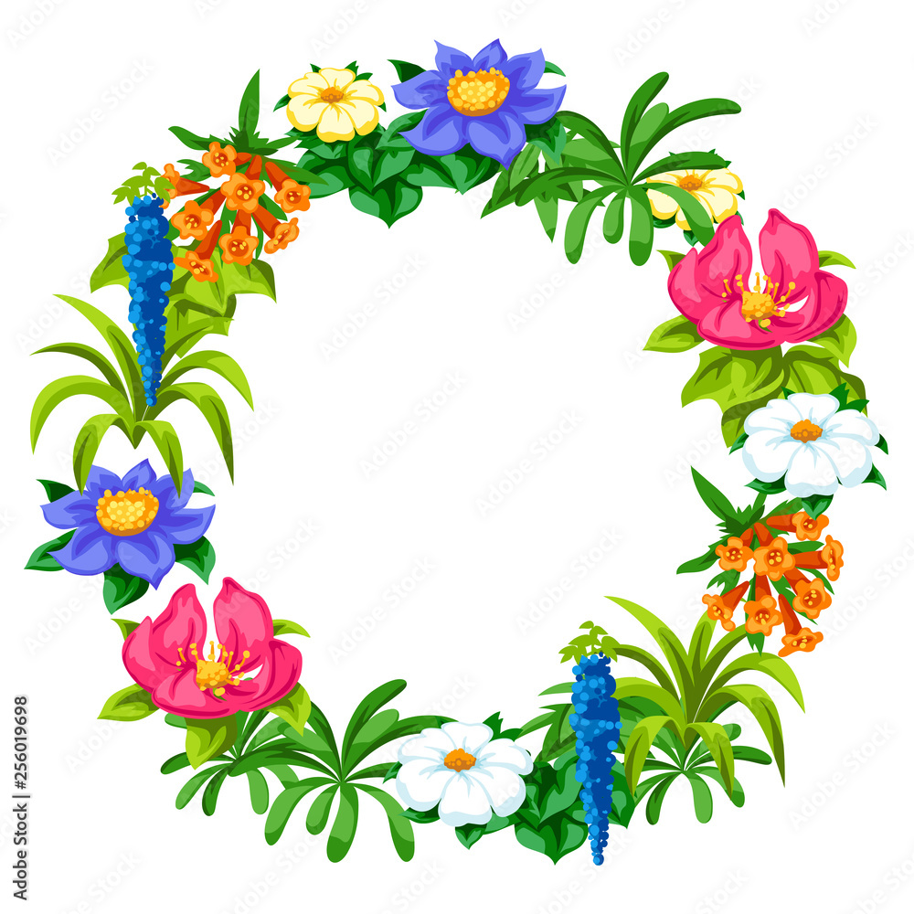 Decorative frame with tropical flowers. Exotic tropical plants.