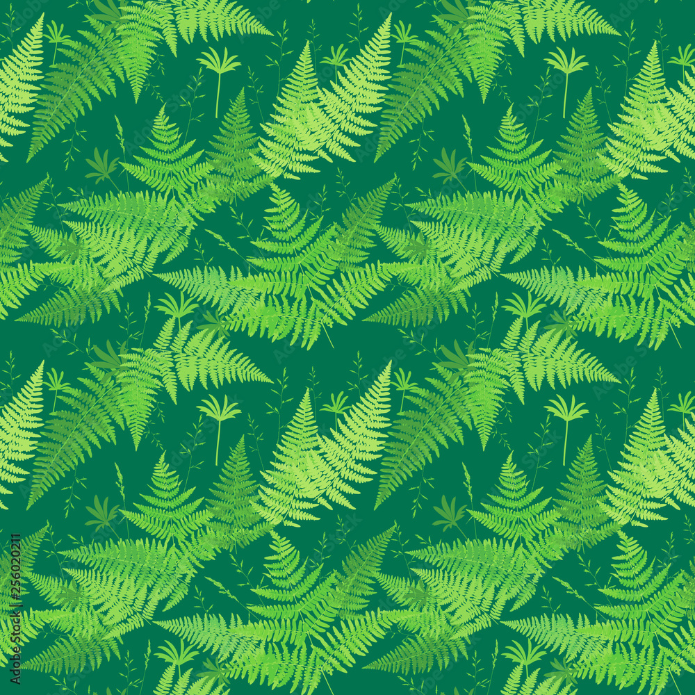 Fern leaf drawing seamless pattern. Floral green background for textile, fabric, wallpapers, covers, print, decoupage. Forest pacifying ornament