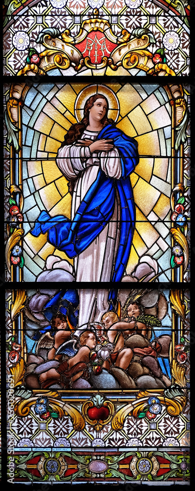 Virgin Mary, stained glass window in the Parish Church of the Visitation of the Virgin Mary in Zagreb, Croatia 