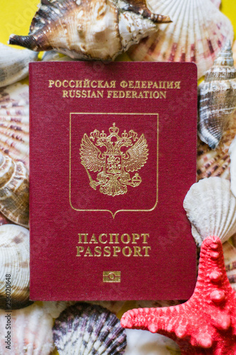 Russian passport with differernt seashells on yellow background photo