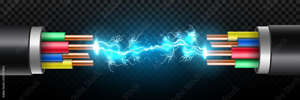 Creative vector illustration of electric glowing lightning between colored break cable, copper wires with circuit sparks isolated on transparent background. Art design. Abstract concept element Creative vector illustration of electric glowing lightning between colored break cable, copper wires with circuit sparks isolated on transparent background. Art design. Abstract concept element