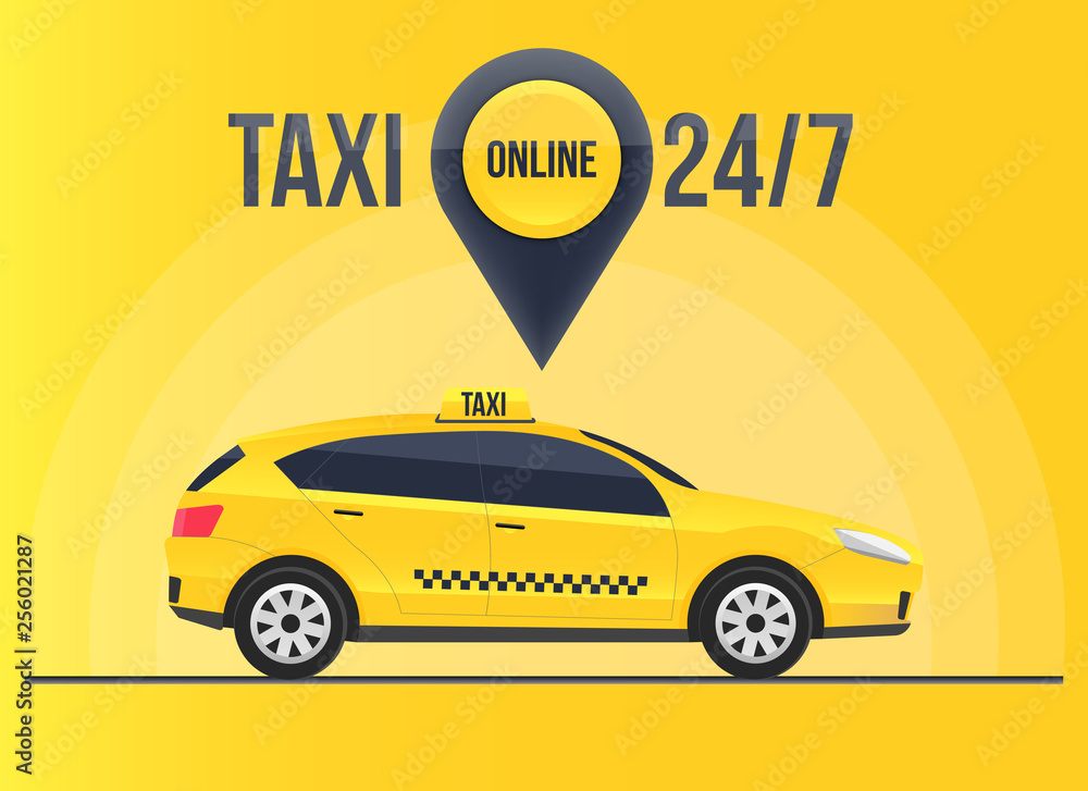 Φωτογραφία Creative vector illustration of taxi online service banner, urban city skyscrapers isolated on transparent background