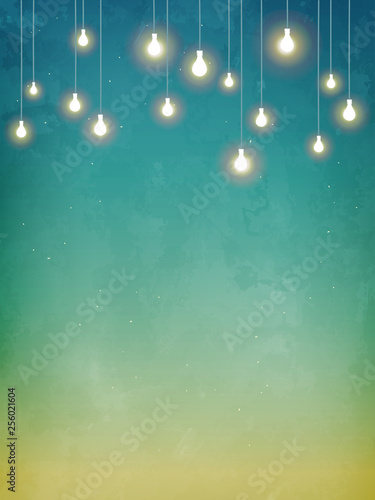 Beautiful vintage background with decorative lightbulbs. Inspiration card for wedding, date, birthday, tea or garden party