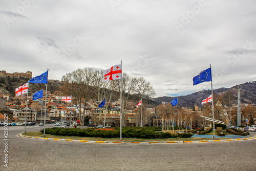 Europe Square. Flags of the European Union and the flag of Georgia. Tbilisi. Georgia. 03/01/2019