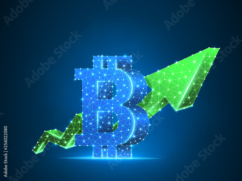 Growth arrow Bitcoin chart wireframe digital 3d illustration. Low poly business, success, data cash, finance concept. Lines, dots on blue background. Raster polygonal neon cryptocurrency sign