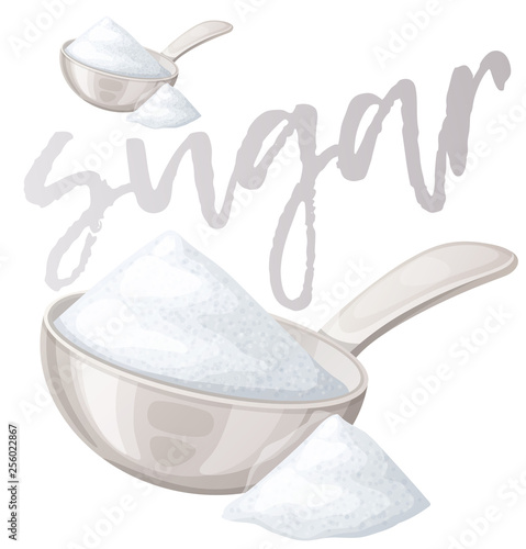 White sugar in metallic spoon. Cartoon vector icon isolated on white backround