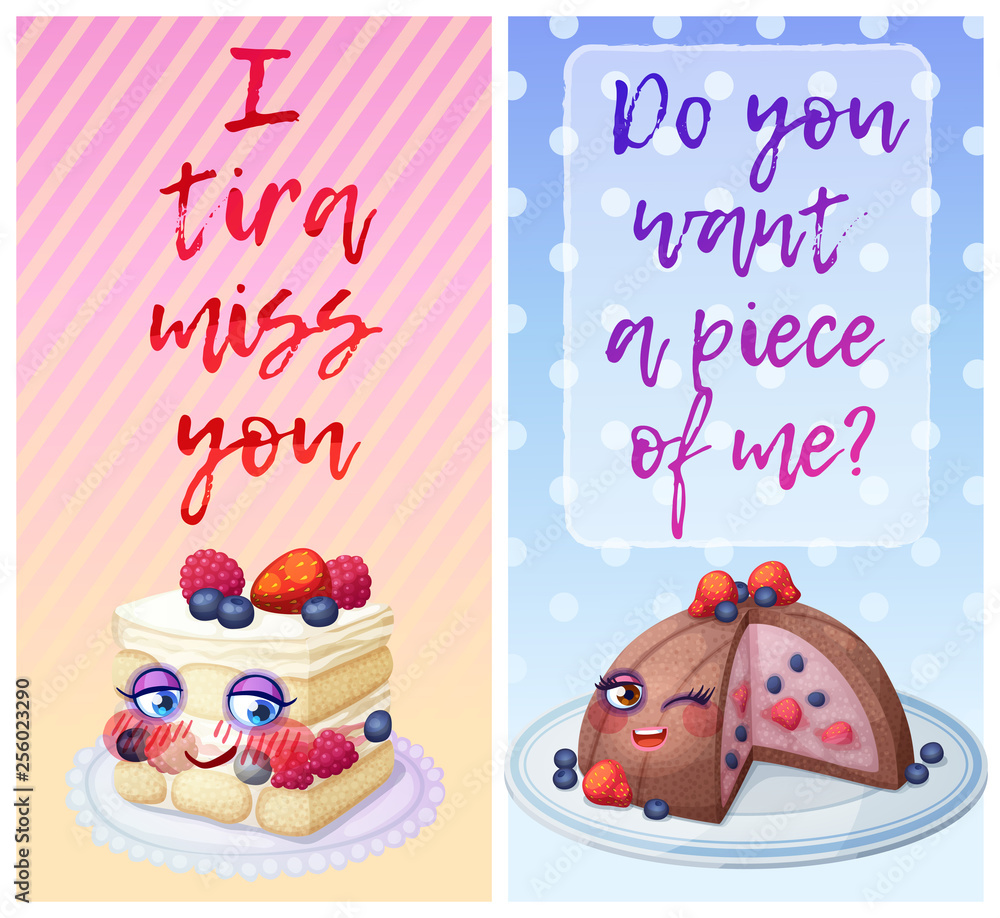 Cute food characters with funny flirty quotes. I tira miss you and Do you  want a piece of me sweet puns Stock Vector | Adobe Stock