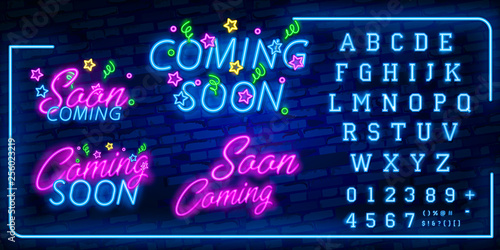 Neon coming soon sign. Film announce badge, new shop promotion glowing element, neon light banner. Vector coming soon night sign