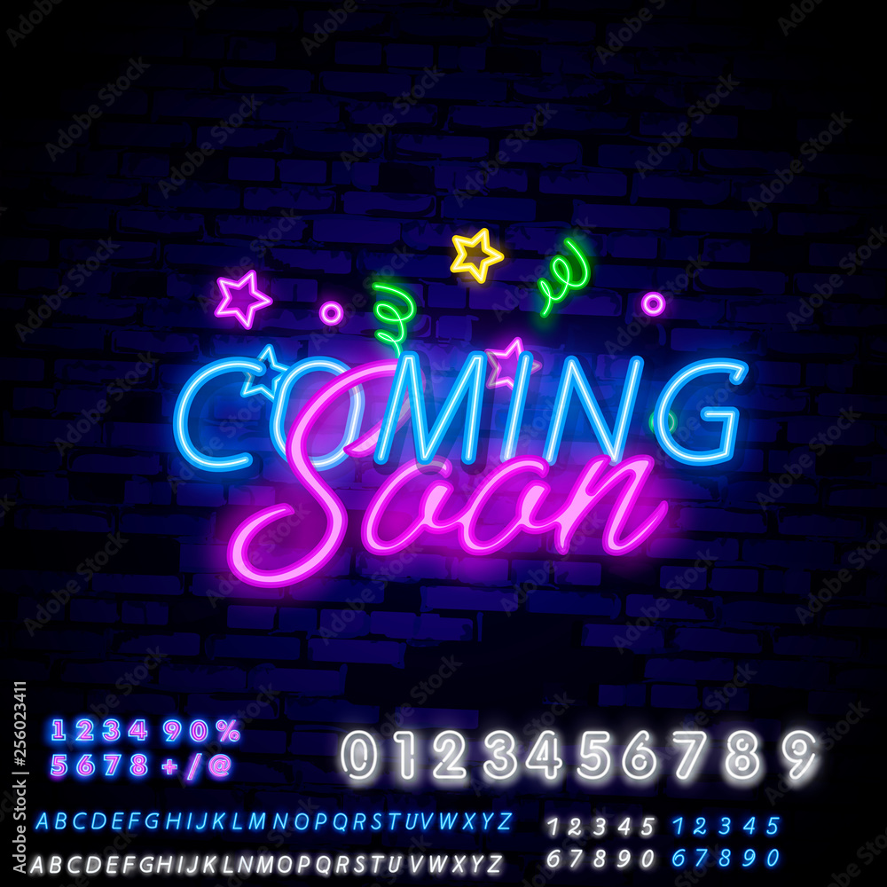 Coming Soon Neon Sign Vector with Brick Wall Background . Coming Soon Badge  in neon style design element light banner announcement neon signboard night  neon advensing. Editing Text Stock Vector | Adobe Stock