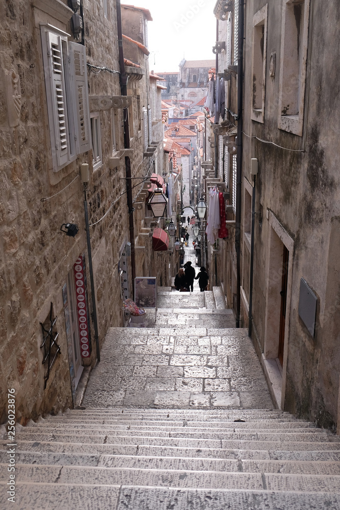 Narrow street inside Dubrovnik old town, Croatia