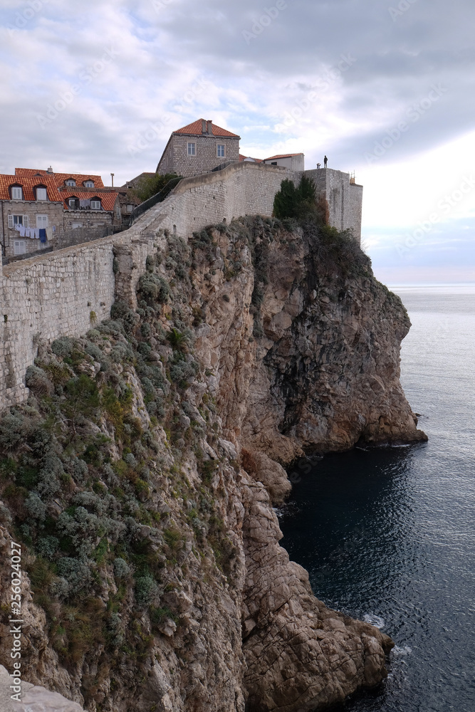 Defense walls of the old town of Dubrovnik, a well-preserved medieval fortress and a popular tourist destination, Croatia 