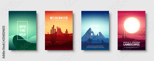 Desert trip. Extreme tourism and travelling. Back to nature. Sands. Exploring Africa. Horizont line with sky. Mountaines. Vector illustration.