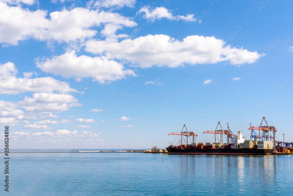 Container ship in the port on the horizon. Port crane loads a container on a ship. Cargo transportation by sea.