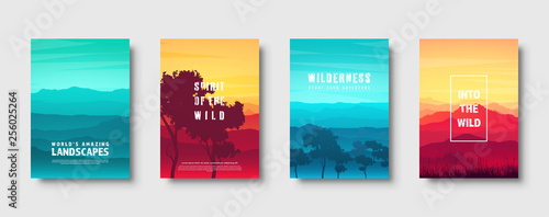 Mountains and forest. Wild nature landscape. Travel and adventure.Panorama. Into the woods. Horizon line.Trees,fog. Vector illustration.