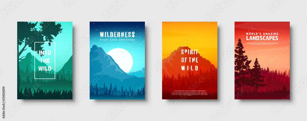 Mountains and forest. Wild nature landscape. Travel and adventure.Panorama. Into the woods. Horizon line.Trees,fog. Vector illustration.