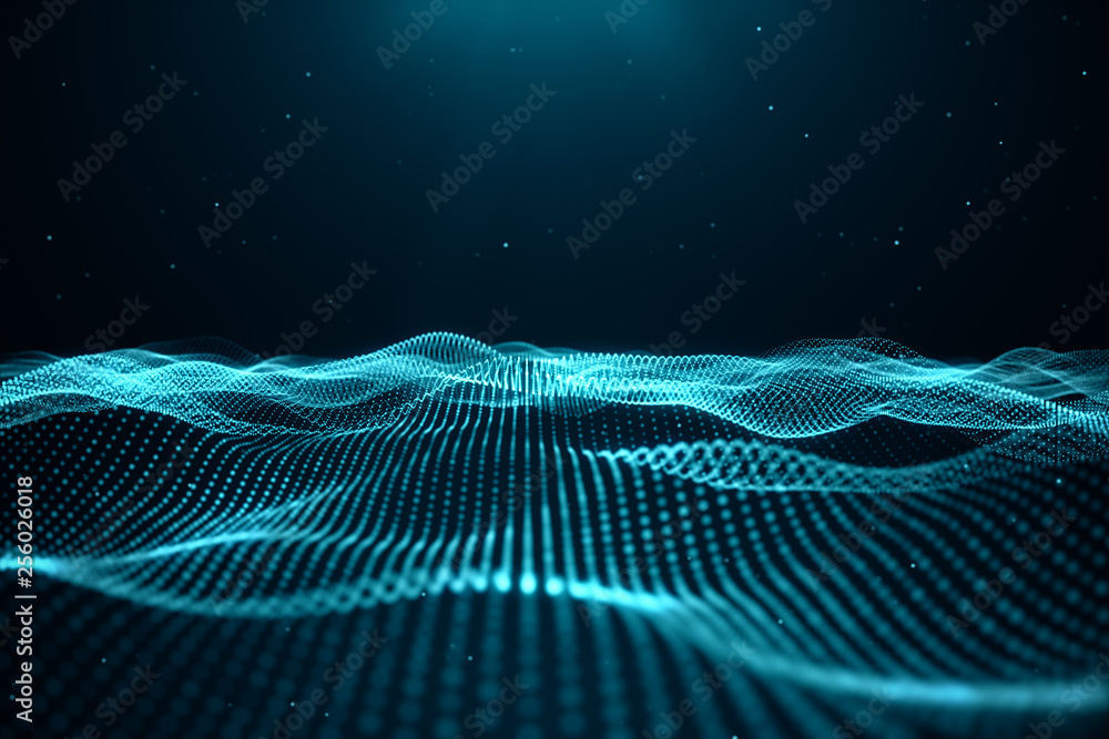 Data technology, abstract global network. Wave of particles. Abstract background, wavy surface consisting of points - big data, 3D illustration Data technology, abstract global network. Wave of particles. Abstract background, wavy surface consisting of points - big data, 3D illustration