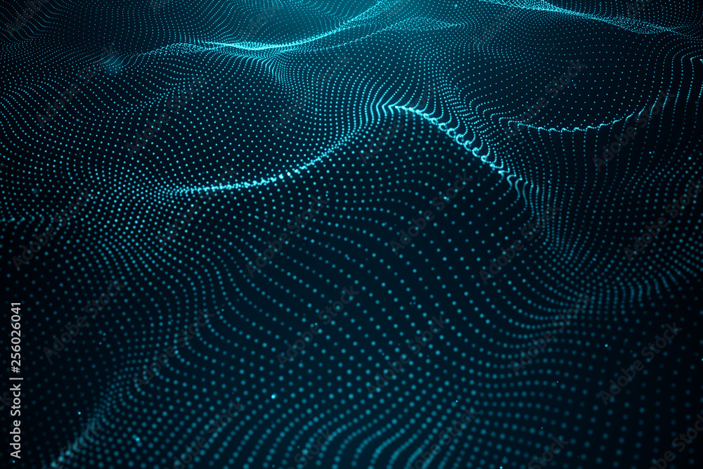 Data technology, abstract global network. Wave of particles. Abstract background, wavy surface consisting of points - big data, 3D illustration Data technology, abstract global network. Wave of particles. Abstract background, wavy surface consisting of points - big data, 3D illustration