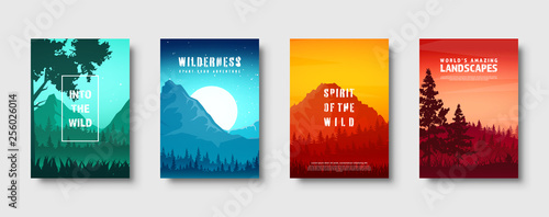 Mountains and forest. Wild nature landscape. Travel and adventure.Panorama. Into the woods. Horizon line.Trees,fog. Vector illustration.