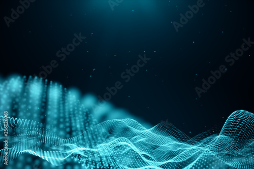 Data technology, abstract global network. Wave of particles. Abstract background, wavy surface consisting of points - big data, 3D illustration