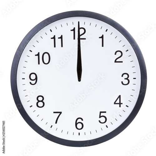 Round office clock showing twelve o'clock isolated on white background. Midnight or midday clock face