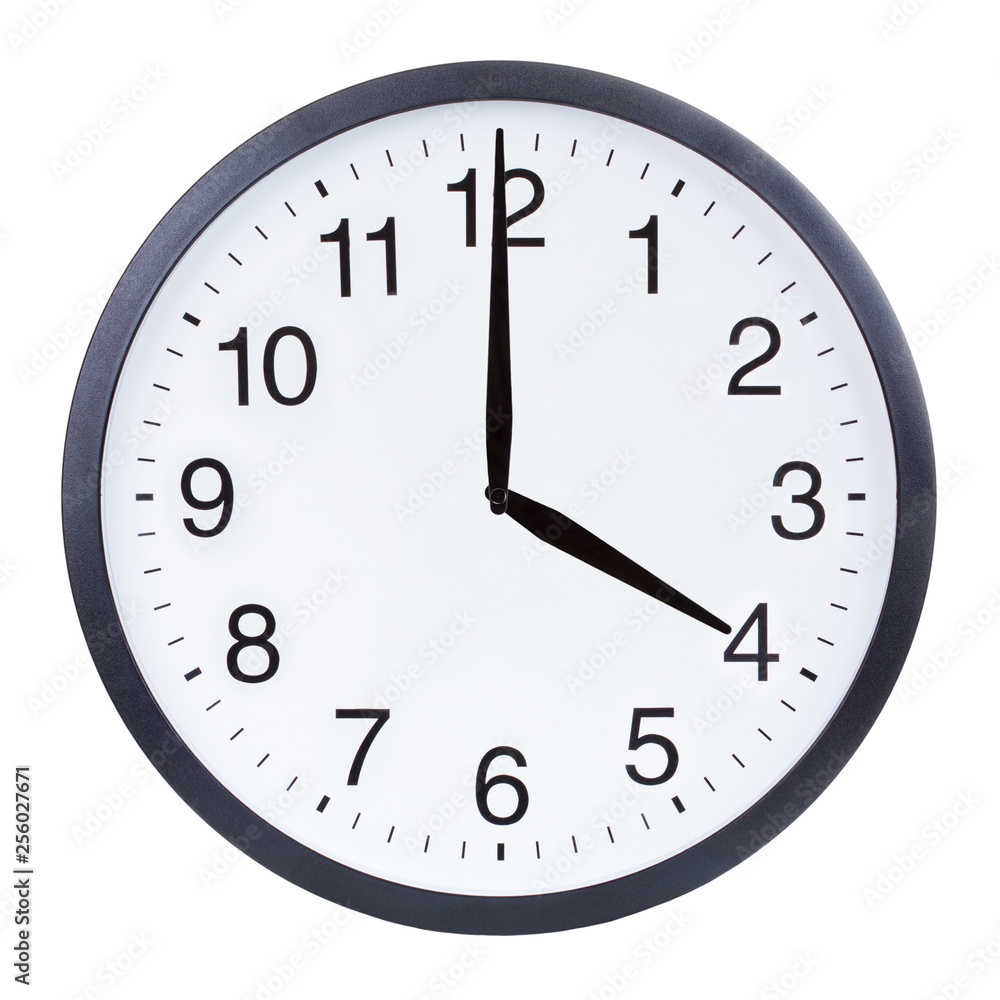 Round office clock showing four o'clock isolated on white background Round office clock showing four o'clock isolated on white background