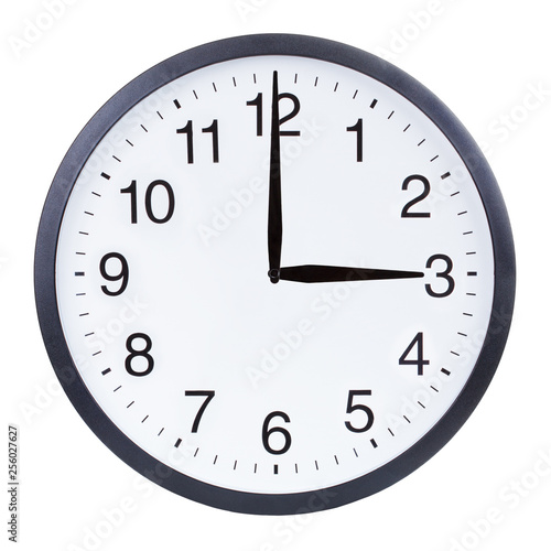 Round office clock showing three o'clock isolated on white background