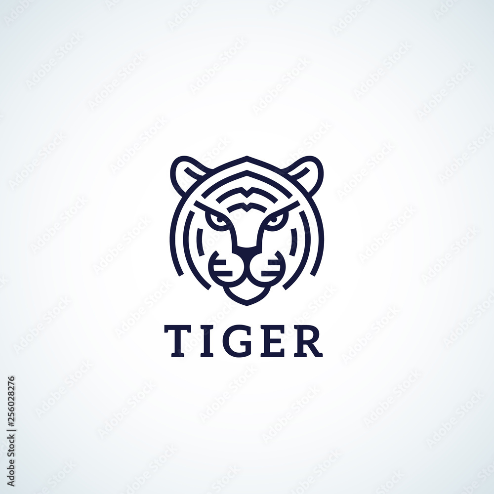 Line Style Tiger Face Abstract Vector Icon, Symbol or Logo Template. Wild Animal Head Sillhouette with Typography. Creative Predator Emblem.